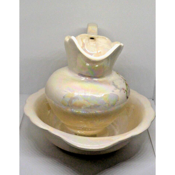 Opalescent 5 7/8" Small Porcelain Pink Roses Vanity Pitcher & Wash Basin Set Vtg - Picture 4 of 12